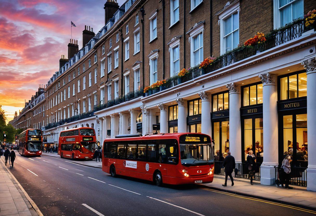 A bustling street scene in Central London showcasing a luxurious hotel with elegant architecture. Guests are seen enjoying comfort, with nearby attractions like the London Eye and Big Ben in the background. The atmosphere is vibrant and lively, with colorful flowers adorning the hotel entrance and people walking about. A soft sunset casts a warm glow over the scene, suggesting a perfect adventure. super-realistic. vibrant colors. 3D.