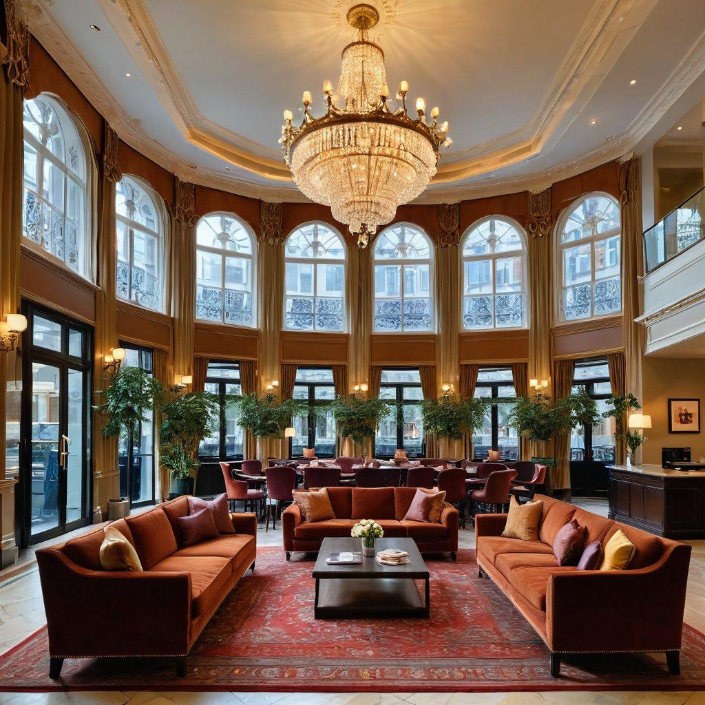 A luxurious family-friendly hotel lobby in Central London, showcasing elegant decor and welcoming staff. Include children playing joyfully near a grand chandelier, while parents relax on plush sofas with coffee in hand. The backdrop should feature iconic London elements like a double-decker bus or the Big Ben visible through large windows. Emphasize warmth and comfort, capturing the essence of a perfect family getaway. super-realistic. vibrant colors. 3D.