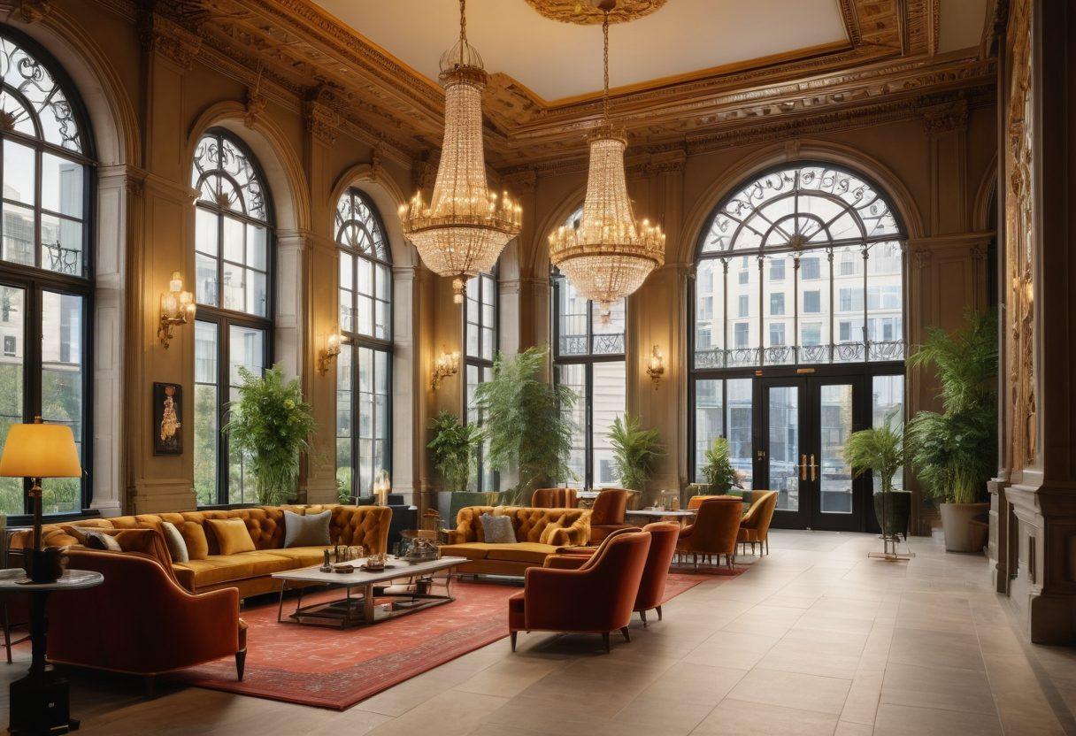 A luxurious hotel lobby in London, featuring elegant chandeliers, plush seating, and ornate decor. In the background, large windows reveal iconic London architecture like Big Ben. A diverse group of happy travelers are checking in, showcasing inclusivity and luxury. The scene is bright and inviting, with lush greenery in the lobby. super-realistic. vibrant colors. 3D.